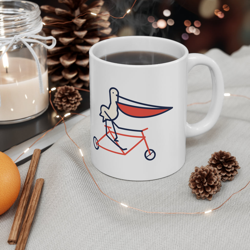 Bad pelican on a bike mug