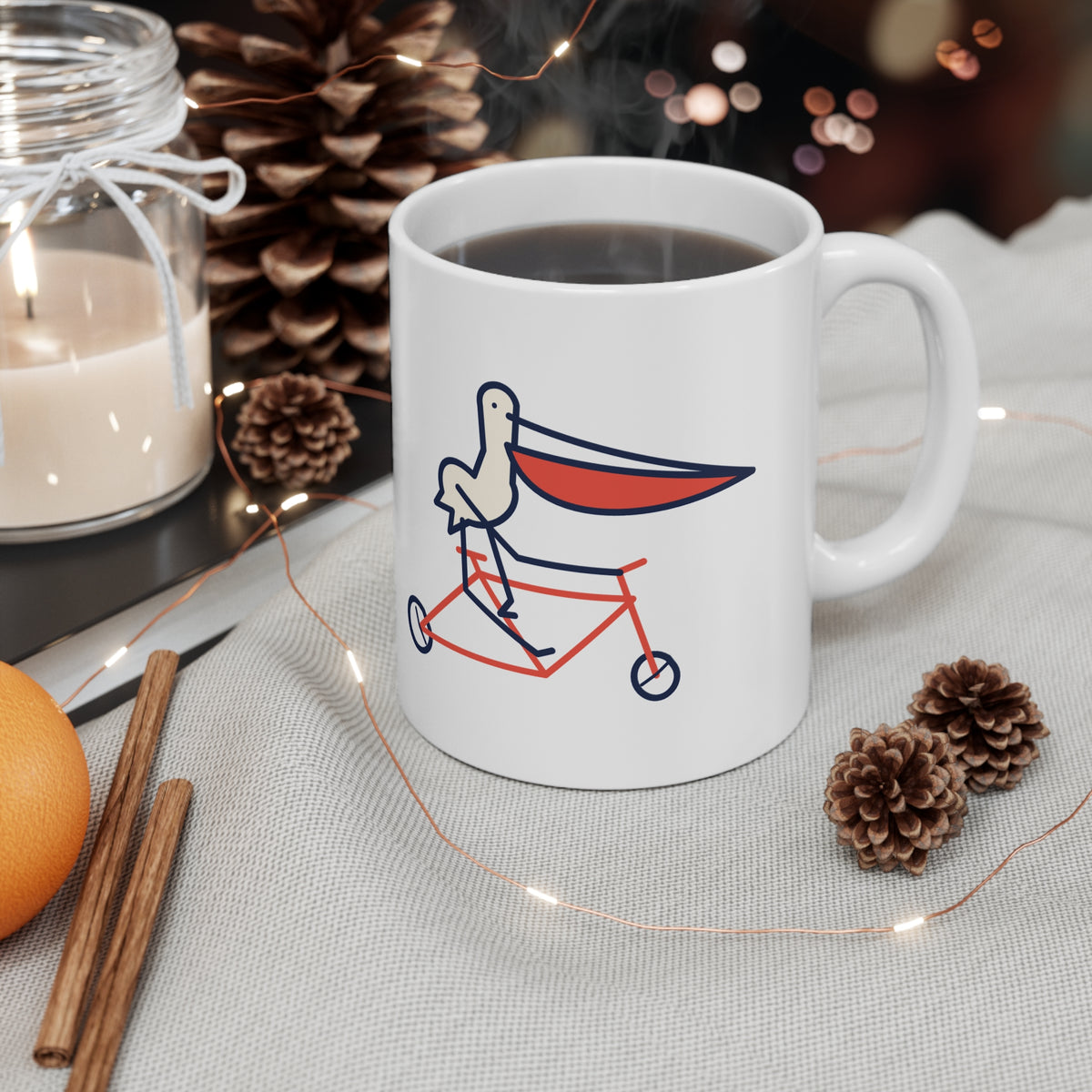 Bad pelican on a bike mug