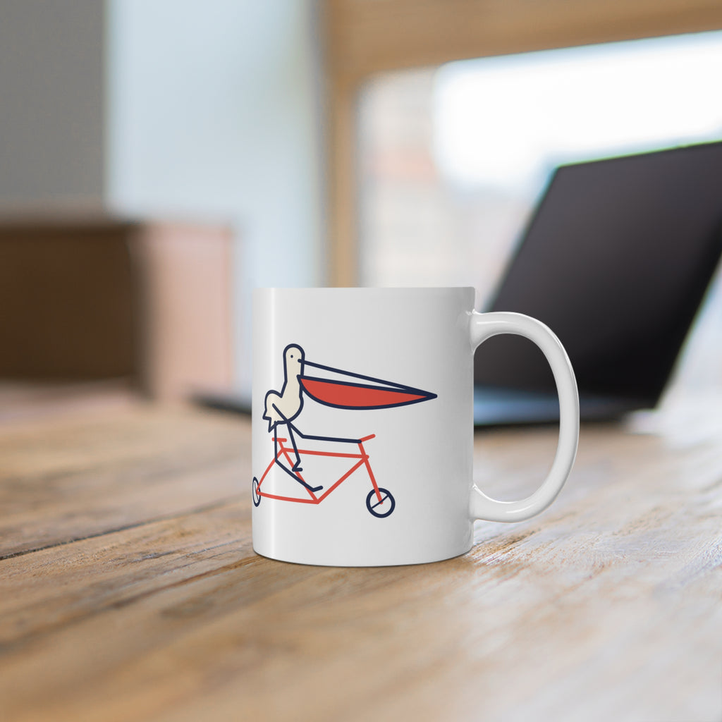 Bad pelican on a bike mug