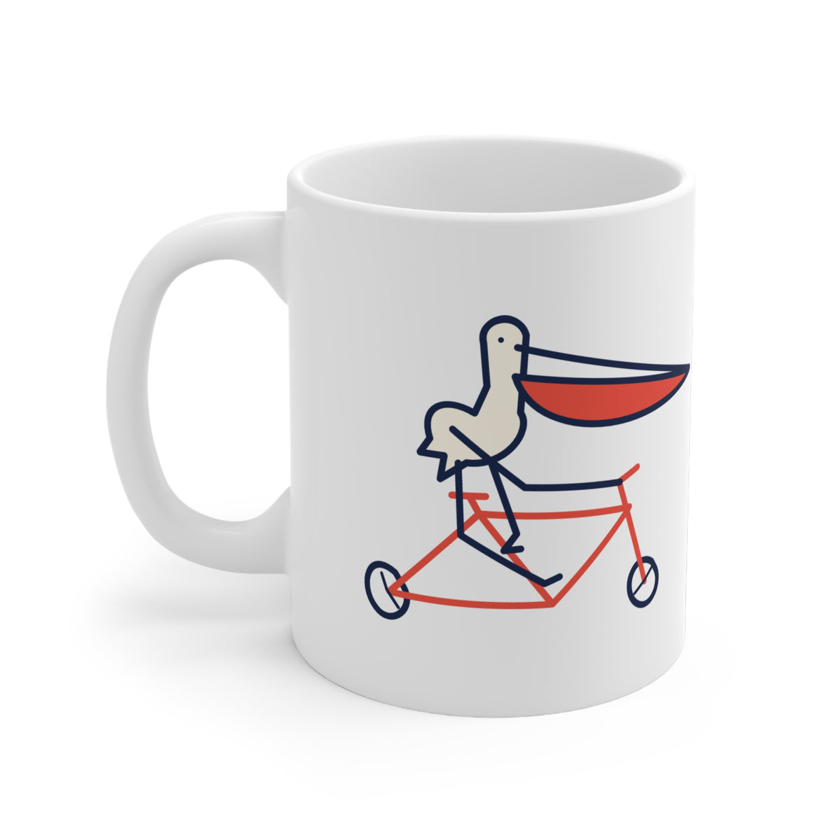 Bad pelican on a bike mug
