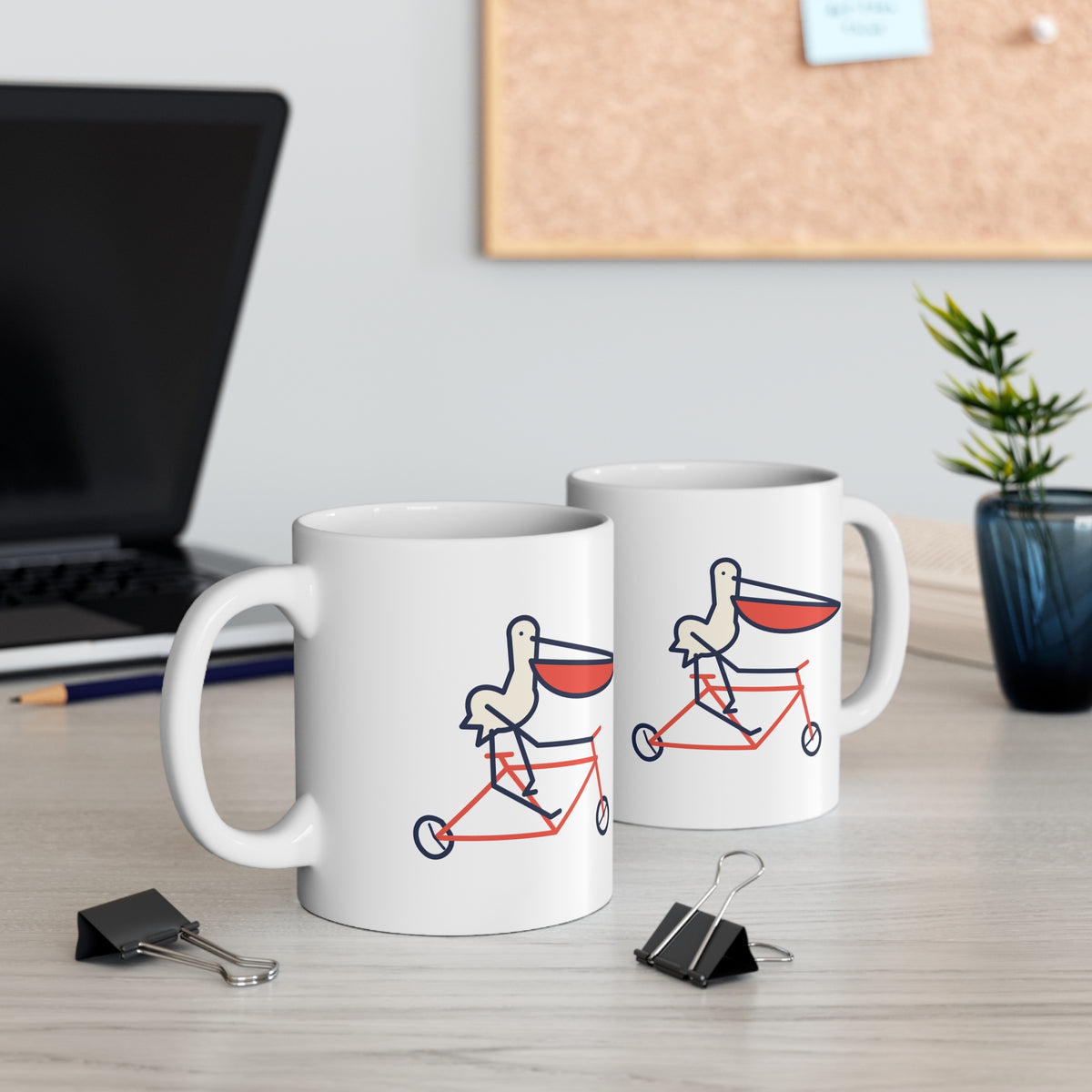 Bad pelican on a bike mug