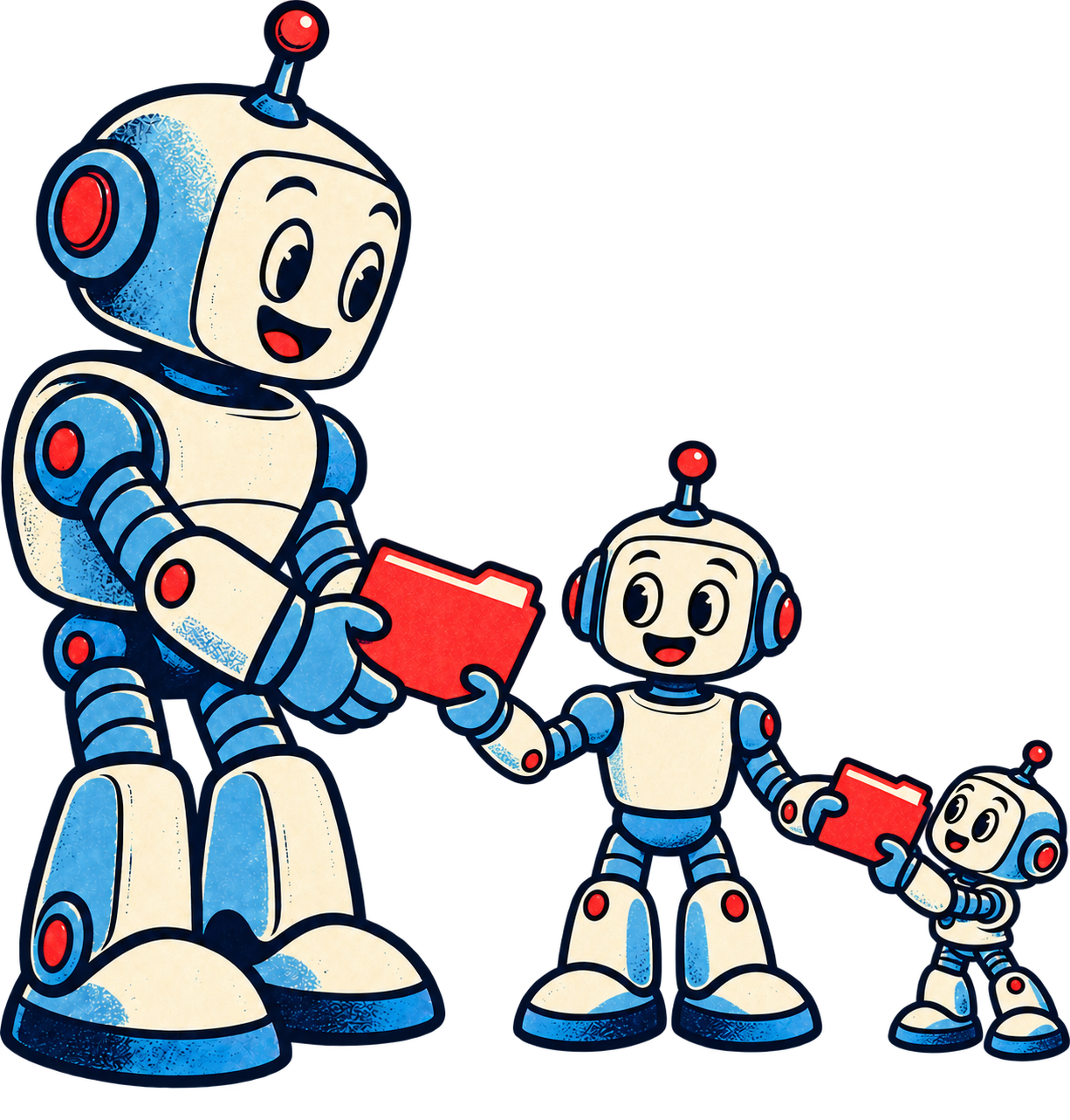 Three friendly cartoon robots passing red folders along