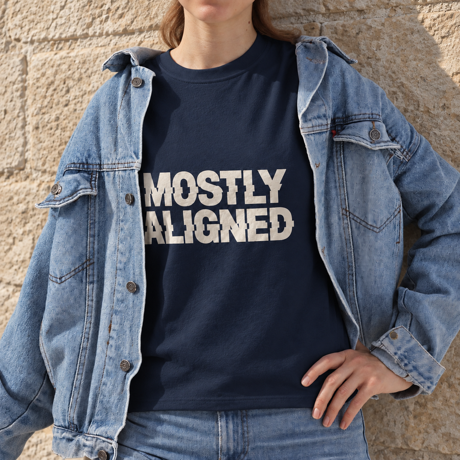 Mostly aligned text T-shirt, AI lifestyle mockup based on supplier imagery