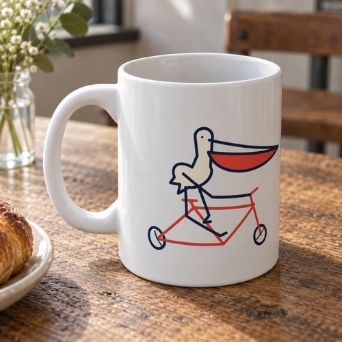 White Bad pelican mug on a cafe table, AI background edit based on the supplier view