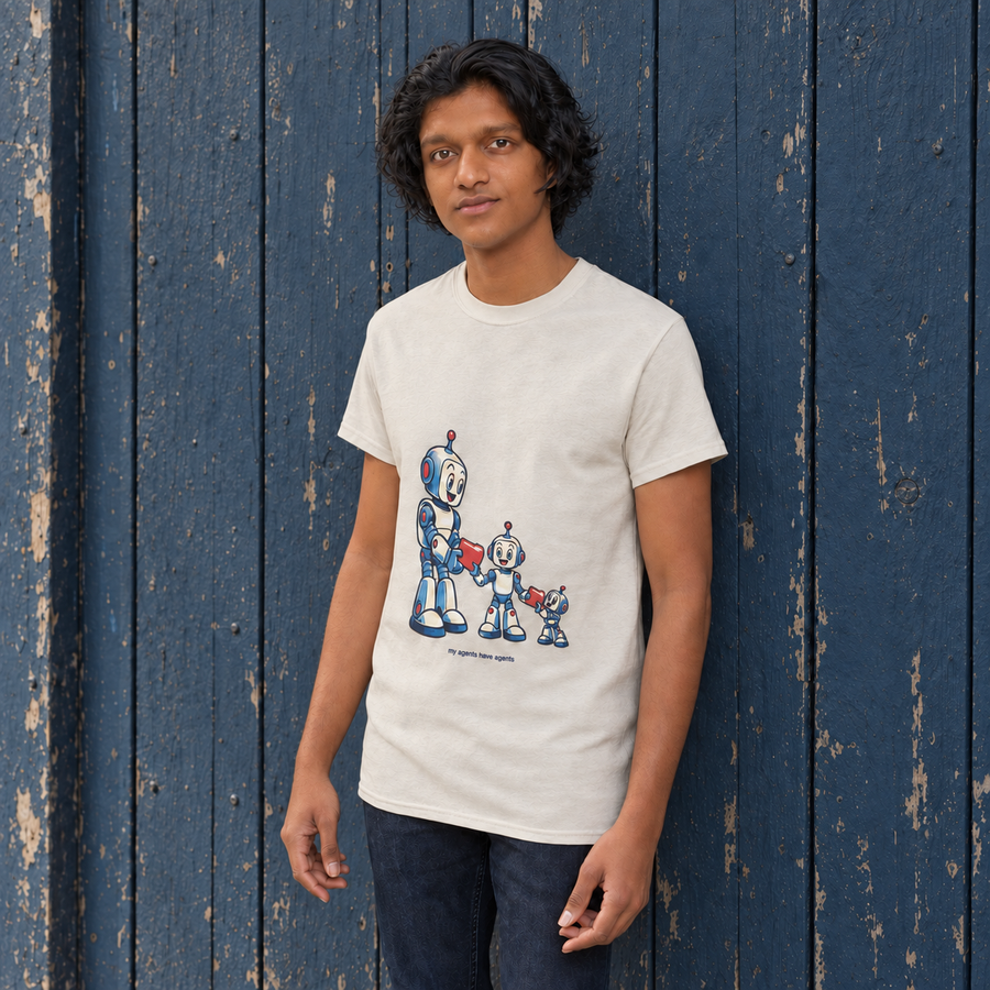 My agents have agents T-shirt, AI lifestyle mockup based on supplier imagery
