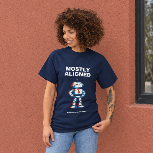 Mostly aligned T-shirt, AI lifestyle mockup based on supplier imagery