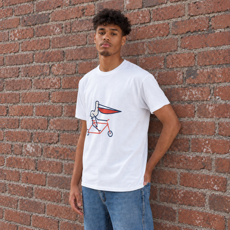 White Bad pelican T-shirt worn in a laneway, AI background edit based on the supplier view